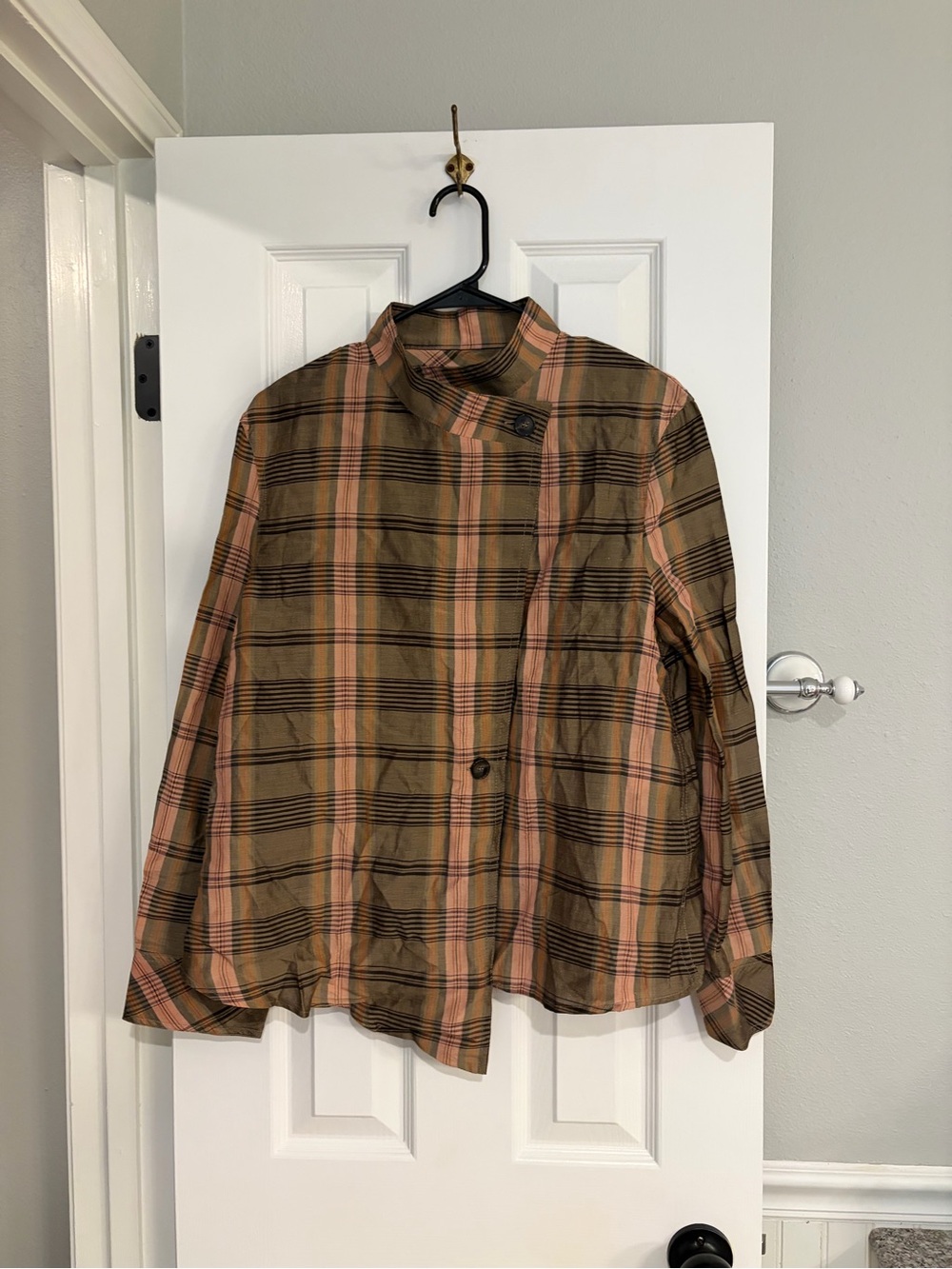 Zara Asymmetric Plaid Button Up Shirt Jacket Brown Pink High Neck Small